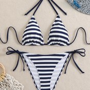 Resim Yeni Yaz Mavi ve Beyaz Çizgili Baskılı Seksi Bağlama Stili Kadın Bikini Takımı 