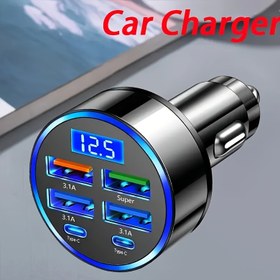 Resim Araba Şarj Cihazı USB+Type-c 12-24V Model Ultra Hızlı Şarj Evrensel Hızlı Şarj 2Type-c ile 4 USB Dijital Ekran 