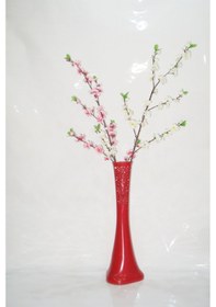 Resim 60 Cm Kırmızı Desenli Vazo Pembe Beyaz Bahar Dalı 