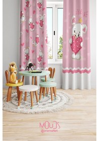 Resim Pembe Ayıcık Desenli Fon Perde Çocuk Ve Bebek Odası Süet Baskılı Ekstrafor Büzgü 2 Kanat Prd-39 Çok Renkli 