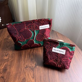 Resim Vintage Kabartmalı Nar Desenli Makyaj Çantası, Kadınlar İçin Temel Seyahat Aksesuarı, Cilt Bakım Organizeri, Kozmetik Saklama Çantası, Ruj ve Hijyenik Ped Organizatörü, Fırça Seti Kutusu, Oje Torbası, Fermuarlı Makyaj Çantası 