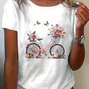Resim Yazda Kadınlar İçin Çok Yönlü Kısa Kollu T-Shirt, Kadınlar İçin Taze Kolej Stili Bol T-Shirt, Kelebek Çiçek Bisiklet Baskılı. 