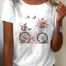 Resim Yazda Kadınlar İçin Çok Yönlü Kısa Kollu T-Shirt, Kadınlar İçin Taze Kolej Stili Bol T-Shirt, Kelebek Çiçek Bisiklet Baskılı. 