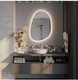 Resim 50x72 Cm Asimetrik Oval Led Banyo Aynası Dokunmatik Dim Edilebilir, 3000k Günışığı Sarı 
