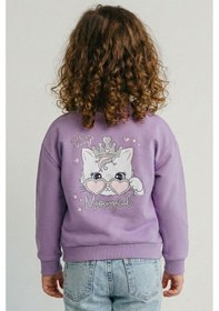 Resim Breeze Kız Çocuk Sweatshirt Minik Taçlı Kedi Prenses Baskılı Sırt Baskı Detaylı 1.5-5 Yaş, Lila Lila 