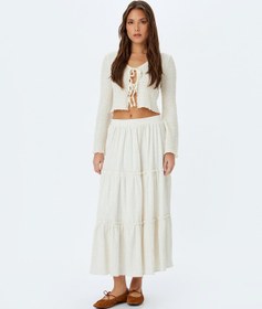 Resim Koton Keten Karışımlı Yüksek Bel Uzun Etek Bej 5sak70047uw Ekru 