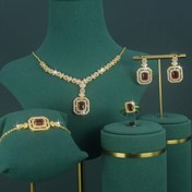 Resim Kırmızı Merkez Taşlı Kolye, Bilezik, Küpe, Yüzük ve Kolye Kolye - Lüks Gelin Hediyesi, Parti ve Günlük Kıyafetler, Uygun Fiyatlı - Koleksiyon için 5 Adet 18k Altın Kaplama Kübik 5A Zirkonya Düğün Seti 