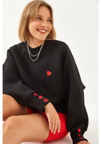 Resim Shade Kadın Bisiklet Yaka Kalp Nakışlı Üç İplik Şardonlu Sweatshirt 60251933 - Siyah 