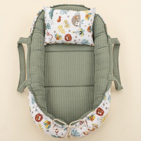Resim Babynest ve Yastık - Çift Taraflı - Koyu Yeşil Örgü - Hayvanat Bahçesi 