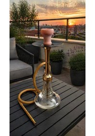 Resim Gold Cam Nargile Takımı 55 Cm Modern Tasarım, Kalın Cam Şişe, Şık Hortumlu Nargile Seti 