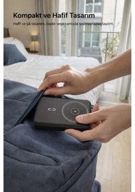 Resim 22.5w Hızlı Şarj 10.000 Mah Kablosuz Powerbank Dahili Kablolu Taşınabilir Şarj Cihazı Magsafe Uyumlu Siyah 