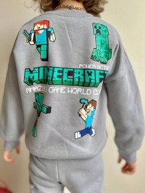 Resim Miniko Kids Erkek Çocuk Minecraft Modelli 3 İplik Şardonlu Eşofman Takımı Gri 