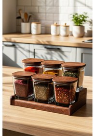 Resim Snippy Prime - 7 Parça Standlı Ahşap Vakumlu Kapaklı Baharatlık Seti Standlı Saklama Kabı 300 Ml Şeffaf 