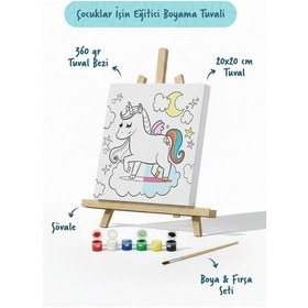 Resim Unicorn Temalı Çocuk Boyama Tuvali Seti Şövaleli Eğitici Boyama Seti 20x20 Cm 