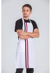Resim Erkek Boyundan Asmalı Çizgili Barista Şef Mutfak Önlüğü Beyaz 