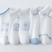 Resim 5 Kadın Kısa Mavi Ayı Baskılı Çorap - Yumuşak Polyester Karışımı, Örgü Kumaş, Lezzetli Ayı Çizimleri ile Hafif Mavi ve Beyaz Tasarım, Elde Yıkanabilir, Rahat Çoraplar | Eğlenceli Çoraplar | Örgü Dokusu 