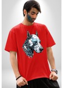 Resim Robot Cyborg Köpek Doberman Pamuklu Bisiklet Yaka Unisex Oversize Boyfriend Dijital Baskılı Kırmızı T-shirt Kırmızı 