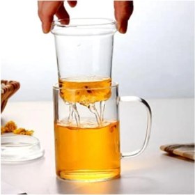 Resim Cam Kapaklı Demleme Süzgeçli 350 ml Isıya Dayanıklı Borosilikat Kupa 