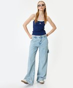 Resim Bol Paça Kot Pantolon Cep Detaylı Düğmeli Pamuklu - Loose Straight Fit Jeans 