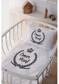 Resim %100 Pamuk Saten Isme Özel Isimli Anne Yanı Beşik Nevresim Takımı Çelenk 