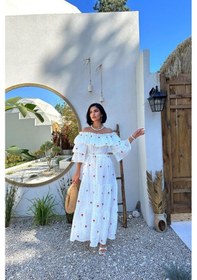 Resim Kırmızı Omuzları Lastikli Brode Elbise Kırmızı 