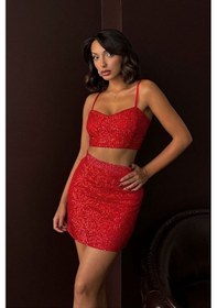 Resim Topshow Payetli Mini Etek Şık Gece Ve Parti Modası Kırmızı Kırmızı 