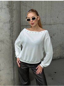 Resim Delikli Kenarlı Omuzları Açık Uzun Kollu Sweatshirt Ekru 