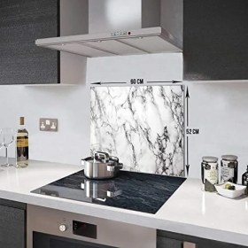 Resim Karokstore 10001506001 Beyaz Mermer Görünümlü Cam Ocak Arkası Koruyucusu, 52CM x 60CM 