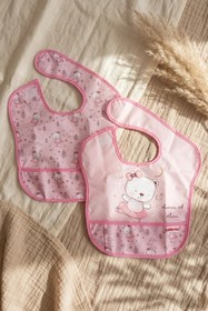 Resim Bebechi Bella Bear 2'li Sıvı Geçirmez Cepli Mama Önlüğü - Pembe Balerin Ayıcık Desenli Leke Tutmaz Bebek Önl 