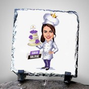 Resim Yaş Pasta Taşıyan Aşçı Kadın Karikatürlü Taş Blok 
