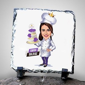 Resim Yaş Pasta Taşıyan Aşçı Kadın Karikatürlü Taş Blok 