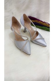 Resim HAVVA SHOES Kadın Gümüş Saten Taşlı Abiye Ayakkabı 