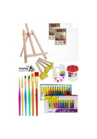 Resim Mini Şövale 25x35 2 Li Tuval Fanart 12 Renk Yağlı Boya Başlangıç Seti Fırça Palet Ponpon Su Kabı Masaüstü Sanatsal Çok Renkli 