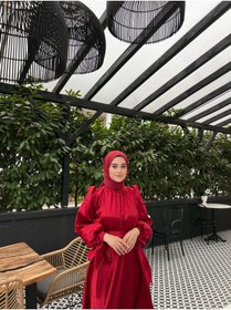 Resim KADNER Lia Bordo Önü Büzgülü Şanel Saten Kumaş Lüks Tesettür Abiye Elbise 