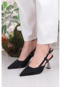 Resim Fort 1182-09 Fls Saten Baskılı Arkası Açık Topuklu Kadın Ayakkabı Siyah 