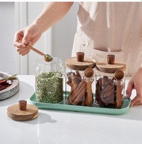 Resim Qerhome 3'lü Borosilikat Cam Akasya Kapaklı Ve Kaşıklı Kavanoz Seti 550 Ml Şeffaf 