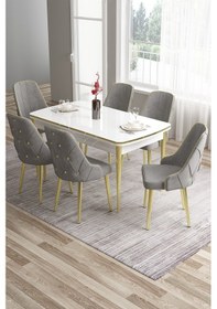Resim Canisa Tia Serisi 80x132 Açılabilir Mdf Beyaz Gold Detay Mutfak Masası Takımı Ve 6 Gri Sandalye Masa Beyaz Sandalye Gri 