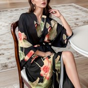 Resim Şık Çiçek Desenli İpek Pijama Elbiseleri, Kemerli Üç Çeyrek Kollu Kimono Elbise, Kadınlar için Rahat Giyim ve Uyku Giyim 