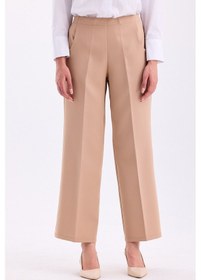 Resim Arkadan Lastikli Yüksek Bel Geniş Paça Palazzo Kadın Rahat Kumaş Pantolon 2345 Bej 