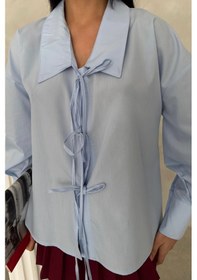 Resim Okul Yaka Poplin Gömlek İp Bağlama Detaylı - Bebe Mavi 