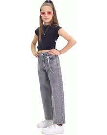 Resim Gzt Tekstil Kız C Ocuk Pantolon Metalik Zincir Detaylı Bol Paça Kız Çocuk Kot Pantolon 6-15 Yaş Denim 