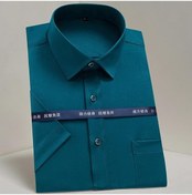 Resim Erkek Yaz Rahat Kısa Kollu Ipeksi Esnek Gömlek Tek Yama Cep Kırışıksız Resmi İş Standart Kesim Elbise Gömlek Yeşil 