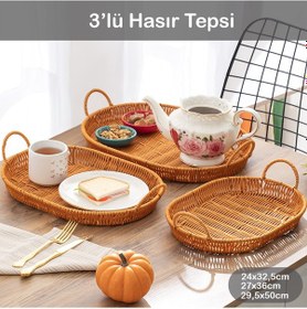Resim Porsima 708d Oval 3'lü Hasır Tepsi Dekoratif Sunum Servis Tepsisi 