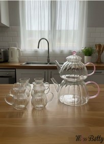 Resim Cam Çaydanlık Ve Bardak Seti Pembe Pembe 