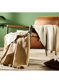 Resim Ponponlu Pamuk Battaniye Çift Kişilik 200x220 Krem Bej Krem 