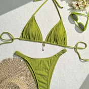 Resim Şık Kadınlar için Düz Yeşil Halter Bikini Takımı - Dokulu Kumaş, Yüksek Bel İki Parçalı Mayo Bağ Detaylı, Makinede Yıkanabilir, Yüksek Bel Bikini Takımı 