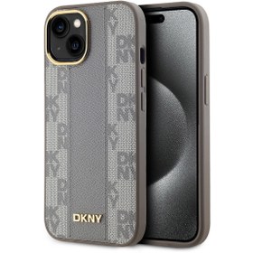 Resim Apple iPhone 15 Uyumlu Kılıf DKNY Orjinal Lisanslı MagSafe Şarj Özellikli 3D Yazılı Checkered Pattern Kapak 