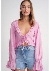 Resim Mixray 4712 Kadın Volanlı Modal Bolero Bluz Pembe 