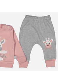 Resim 3-9 Ay Kız Bebek Alt&üst Takımı Zürafa Nakışlı Pudra Pudra 