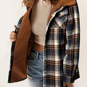 Resim Kadınların Plaid Fleece Ceketi - Düğmeli Ön, Uzun Kollu ve Kapak Cebi ile Rahat Kapüşlu Kışlık Mont, Hafif Yeşil ve Beyaz Çizgili Desen, Sonbahar/Kış için Rahat Stil, Kışlık Mont 